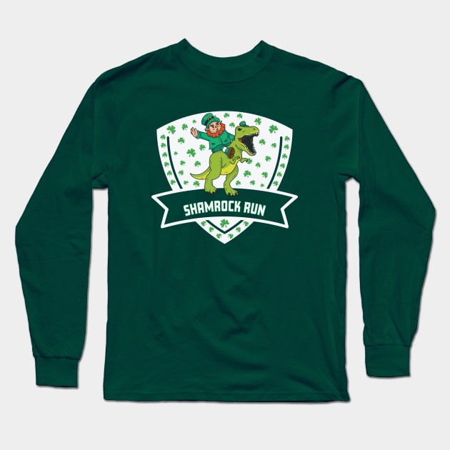 Shamrock Run Leprechaun Dinosaur Funny Long Sleeve T-Shirt by Rosemarie Guieb Designs